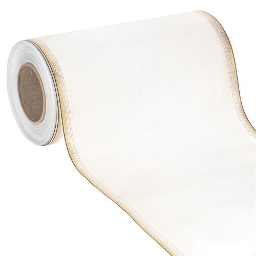 Fita elegante em moiré para guirlanda, 200 mm branca com borda em pérola dourada e acabamento especial, 25 m - Perfeita para decorações e celebrações. comprar | Floristik24.pt