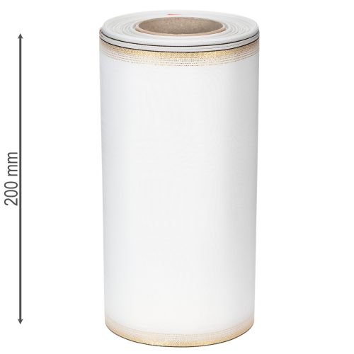 Fita elegante em moiré para guirlanda, 200 mm branca com borda em pérola dourada e acabamento especial, 25 m - Perfeita para decorações e celebrações. | Floristik24.pt