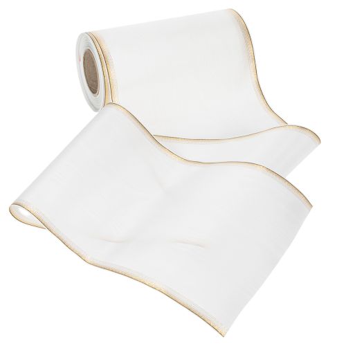 Fita elegante em moiré para guirlanda, 200 mm branca com borda em pérola dourada e acabamento especial, 25 m - Perfeita para decorações e celebrações. | Floristik24.pt