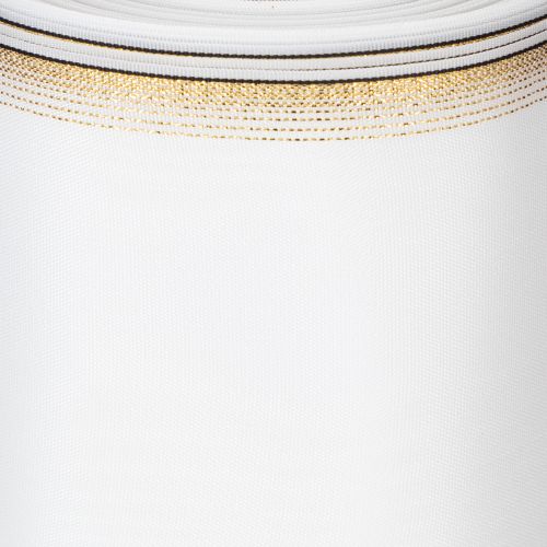 Fita elegante em moiré para guirlanda, 200 mm branca com borda em pérola dourada e acabamento especial, 25 m - Perfeita para decorações e celebrações. | Floristik24.pt