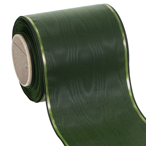 Floristik24 Fita elegante verde moiré com borda dourada, 100 mm x 25 m, para arranjos florais e decoração de funerais.