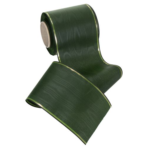 Itens Fita elegante verde moiré com borda dourada, 100 mm x 25 m, para arranjos florais e decoração de funerais.