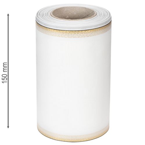 Fita elegante em moiré com borda dourada, ideal para decoração de casamento ou como fita de luto, na cor branca, 150 mm x 25 m. | Floristik24.pt