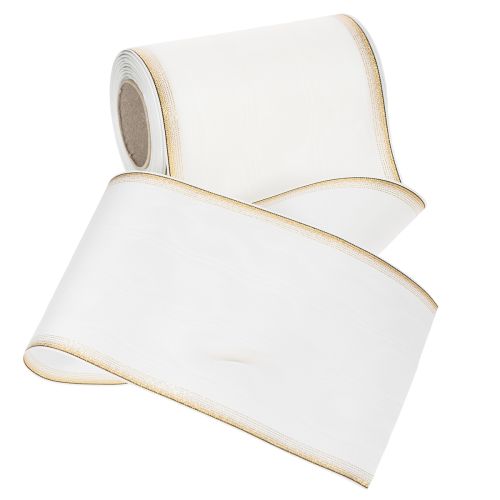 Fita elegante em moiré com borda dourada, ideal para decoração de casamento ou como fita de luto, na cor branca, 150 mm x 25 m. | Floristik24.pt