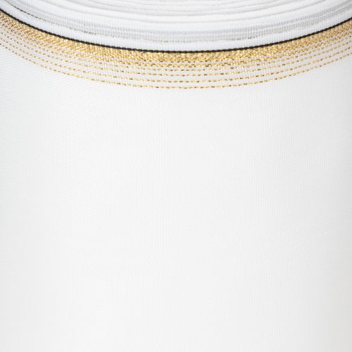 Fita elegante em moiré com borda dourada, ideal para decoração de casamento ou como fita de luto, na cor branca, 150 mm x 25 m. | Floristik24.pt