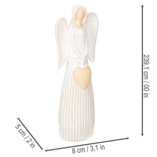 Estatueta de anjo com decoração de coração em branco creme, 23 cm | Floristik24.pt