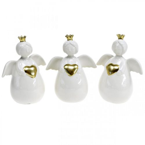 Figura de anjo em cerâmica branca, anjo da guarda dourado 10 × 6,5 × 13 cm 3 unidades