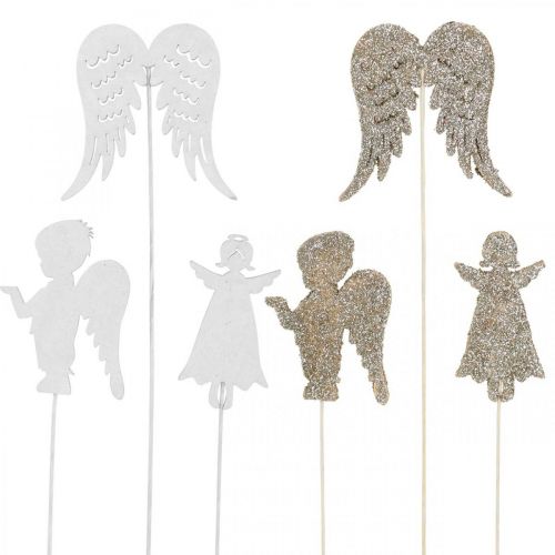 Floristik24 Anjo plug advento, asas para colar, anjo de madeira, decoração de natal natural, branco, glitter dourado 18 peças