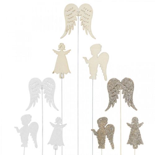 Floristik24 Anjo plug advento, asas para colar, anjo de madeira, decoração de natal natural, branco, glitter dourado 18 peças