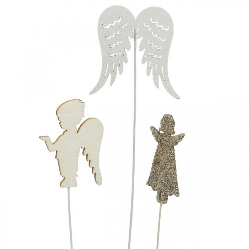 Floristik24 Anjo plug advento, asas para colar, anjo de madeira, decoração de natal natural, branco, glitter dourado 18 peças
