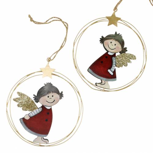 Floristik24 Anjo em um anel decorativo para pendurar madeira, metal Ø14cm 6pcs