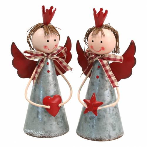 Floristik24 Anjo decorativo com coroa de metal prata, vermelho Ø7.5 H13.5cm 2pcs