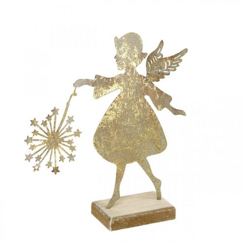 Anjo decorativo com dente-de-leão, decoração do Advento em metal, Anjo de Natal com aspecto antigo dourado Alt.21cm