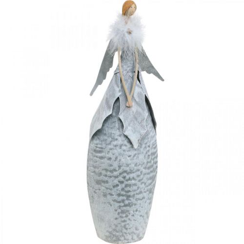 Figura decorativa de anjo com boá de penas, decoração de metal cinza Natal 38cm