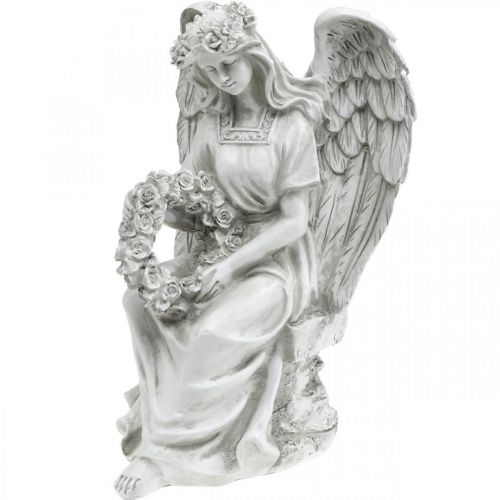 Floristik24 Anjo grave com coroa de flores Anjo feminino sentado H32cm