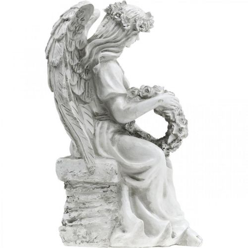 Floristik24 Anjo grave com coroa de flores Anjo feminino sentado H32cm