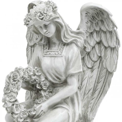 Floristik24 Anjo grave com coroa de flores Anjo feminino sentado H32cm