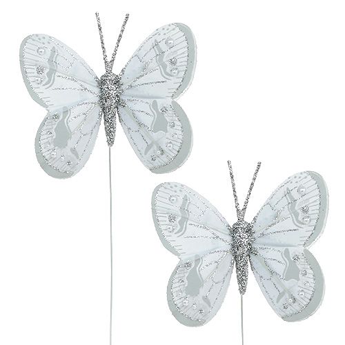 Floristik24 Borboleta de pena prata com mica 7cm 4 unidades