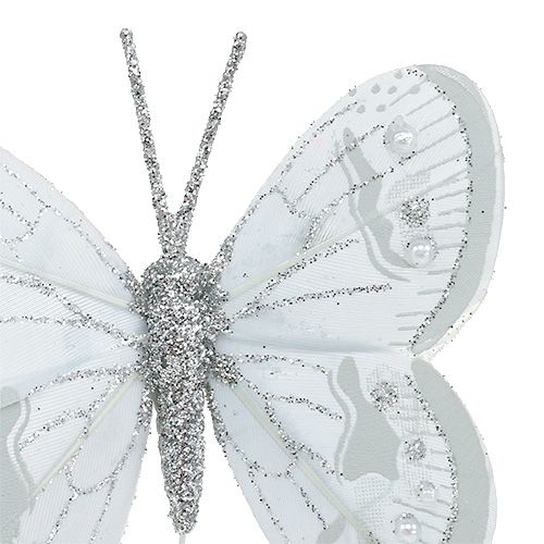 Floristik24 Borboleta de pena prata com mica 7cm 4 unidades