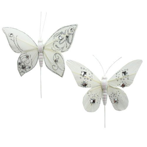Floristik24 Borboleta de penas com strass, glitter branco 10,5 cm 4 unidades