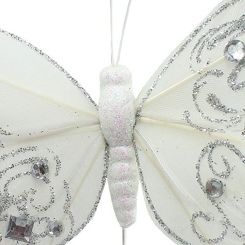 Floristik24 Borboleta de penas com strass, glitter branco 10,5 cm 4 unidades