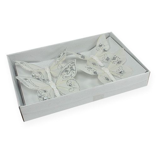 Floristik24 Borboleta de penas com strass, glitter branco 10,5 cm 4 unidades