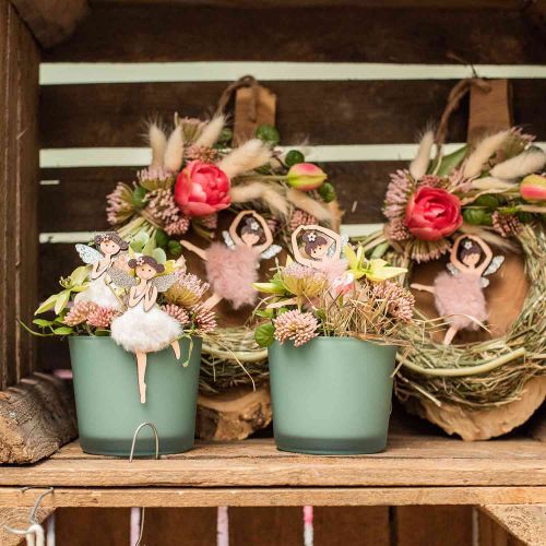 Floristik24 Fadas para pendurar, decoração de primavera, decoração de elfo, pingente de madeira rosa, turquesa, branco H10-11.5cm 9pcs