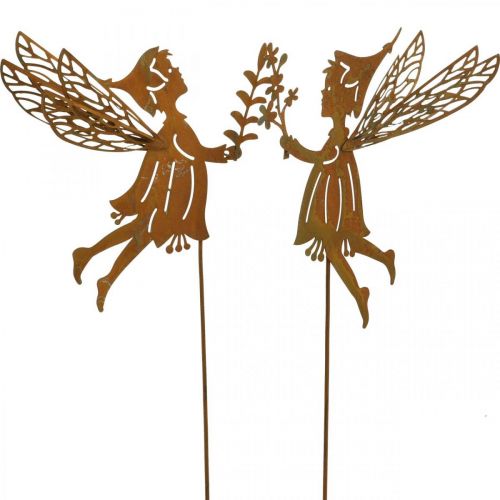 Floristik24 Fada da primavera em um palito, plugue decorativo, elfo de flor feito de ferrugem de metal L33cm 4 peças