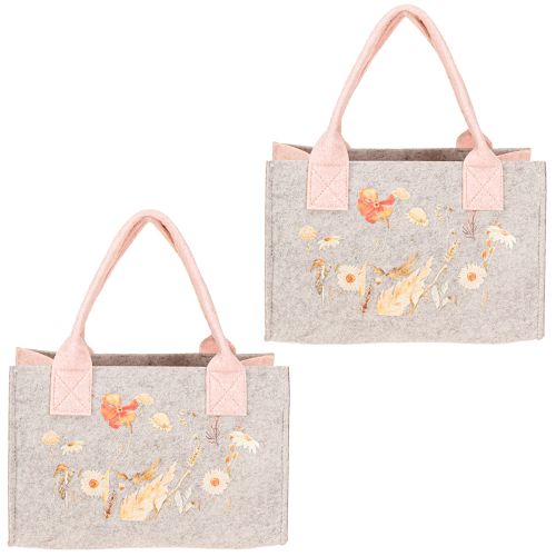 Itens Saco de feltro com motivo floral – Sacola de compras e presente sustentável em cinza e rosa 26cm 2 unidades