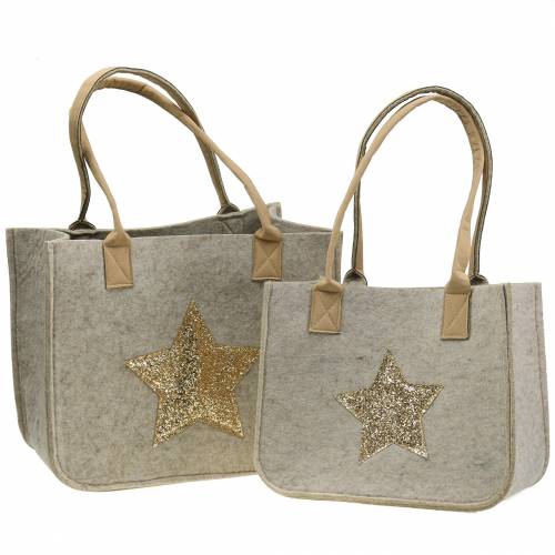 Floristik24 Saco de feltro com estrela de lantejoulas conjunto natural de 2
