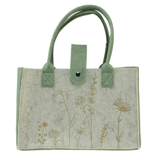 Itens Saco de feltro com alça com flores verde creme 30x18x37cm