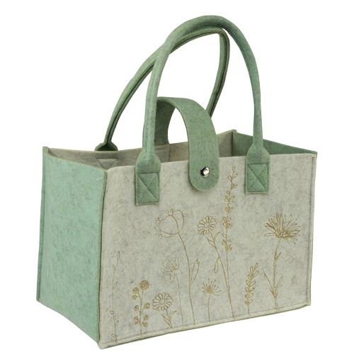 Floristik24 Saco de feltro com alça com flores verde creme 30x18x37cm