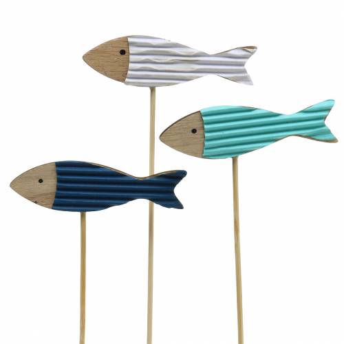 Floristik24 Plugue decorativo peixe madeira azul turquesa branco 8cm Alt.31cm 24 un