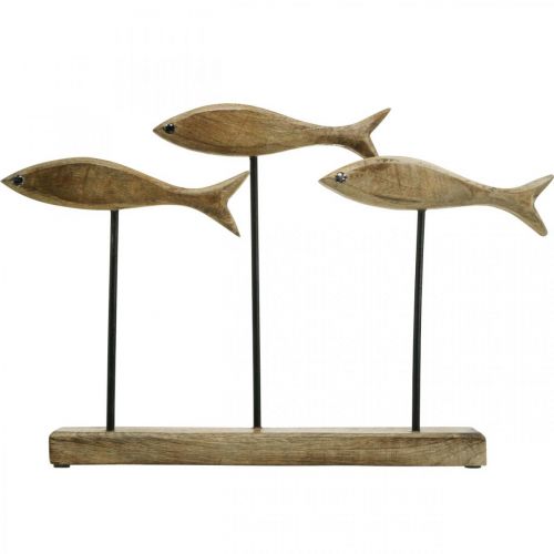 Decoração marítima, escultura decorativa, peixe em madeira sobre suporte, cor natural, preto A30cm L45cm