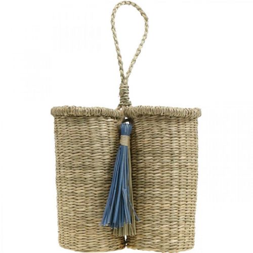 Floristik24 Porta-garrafas em ervas marinhas, cesto para garrafas entrançado, decoração de varanda, cesto decorativo para pendurar natureza, azul A20cm L22cm