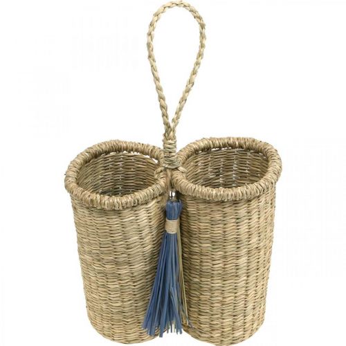 Floristik24 Porta-garrafas em ervas marinhas, cesto para garrafas entrançado, decoração de varanda, cesto decorativo para pendurar natureza, azul A20cm L22cm