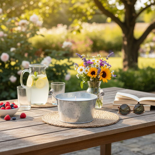 Itens Vela em balde de zinco para decoração aconchegante em terraços e varandas, 15 cm.