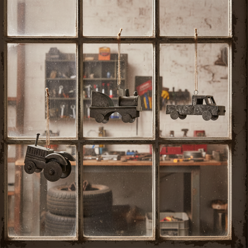 Itens Carrinhos decorativos vintage de metal para pendurar, tamanhos variados, 9-10 cm, 4 peças.