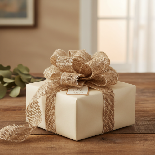 Itens Fita de juta natural, 5 cm de largura, 40 m de comprimento.