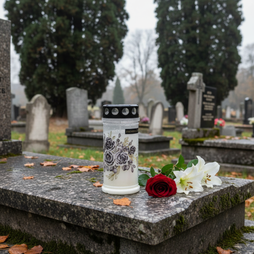 Itens Conjunto de 6 velas tumulares brancas com motivos florais, Ø7,5cm A16,5cm