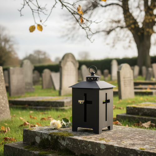 Itens Lanterna de sepultura com cruz de metal cinza antigo 13 x 27 cm