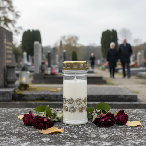 Itens Vela grave rosas brancas luz de luto dourada Ø7cm Alt.18cm 77h