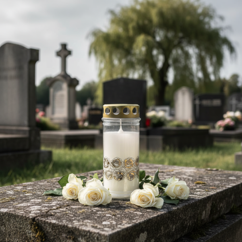 Itens Vela grave rosas brancas luz de luto dourada Ø7cm Alt.18cm 77h