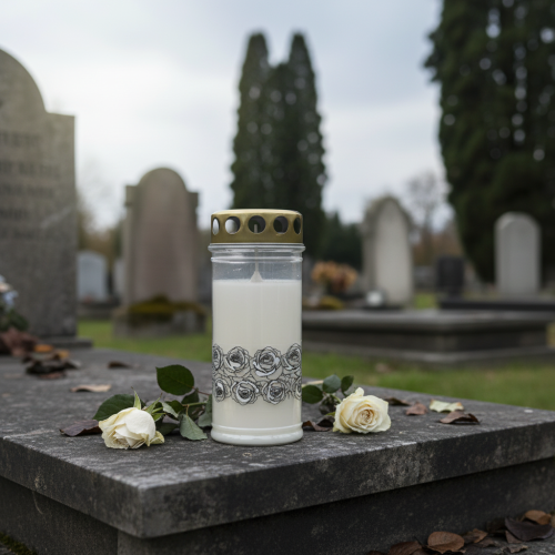 Itens Vela grave rosas brancas luz de luto prateada Ø7cm Alt.18cm 77h