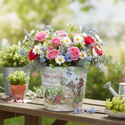 Itens Vasinhos de metal coloridos, pequenos, Jardim Fresco, 16 cm de altura, 2 peças.