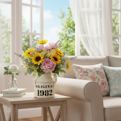 Itens Jarra decorativa de metal “Original 1982” Creme com acabamento ferrugem, 13 cm de altura, 2 peças