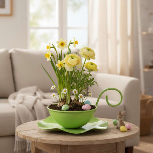 Itens Xícara decorativa de metal com pires, verde claro, 8 cm de altura x 11,5 cm de diâmetro, conjunto com 2 peças.