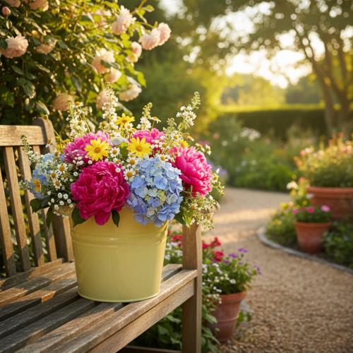 Itens Vaso decorativo de metal, verde/amarelo, para flores, 31x26x21,5cm
