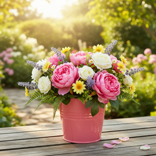 Itens Balde de metal para flores com alça rosa, 16x17,5x16cm, 2 peças