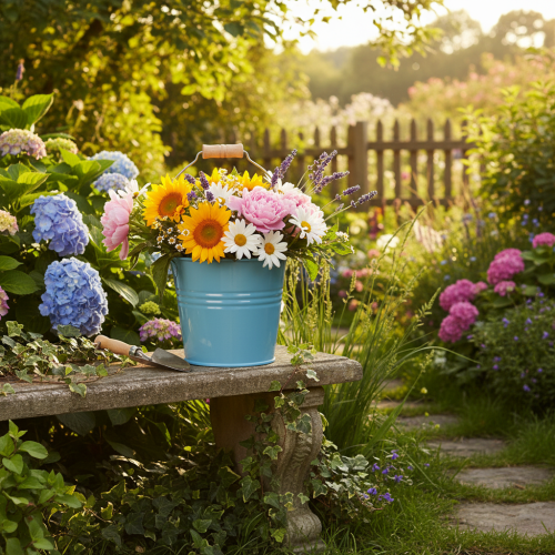 Itens Balde decorativo, metal, alça de madeira, vaso de flores, azul, 16 cm de altura, 2 peças